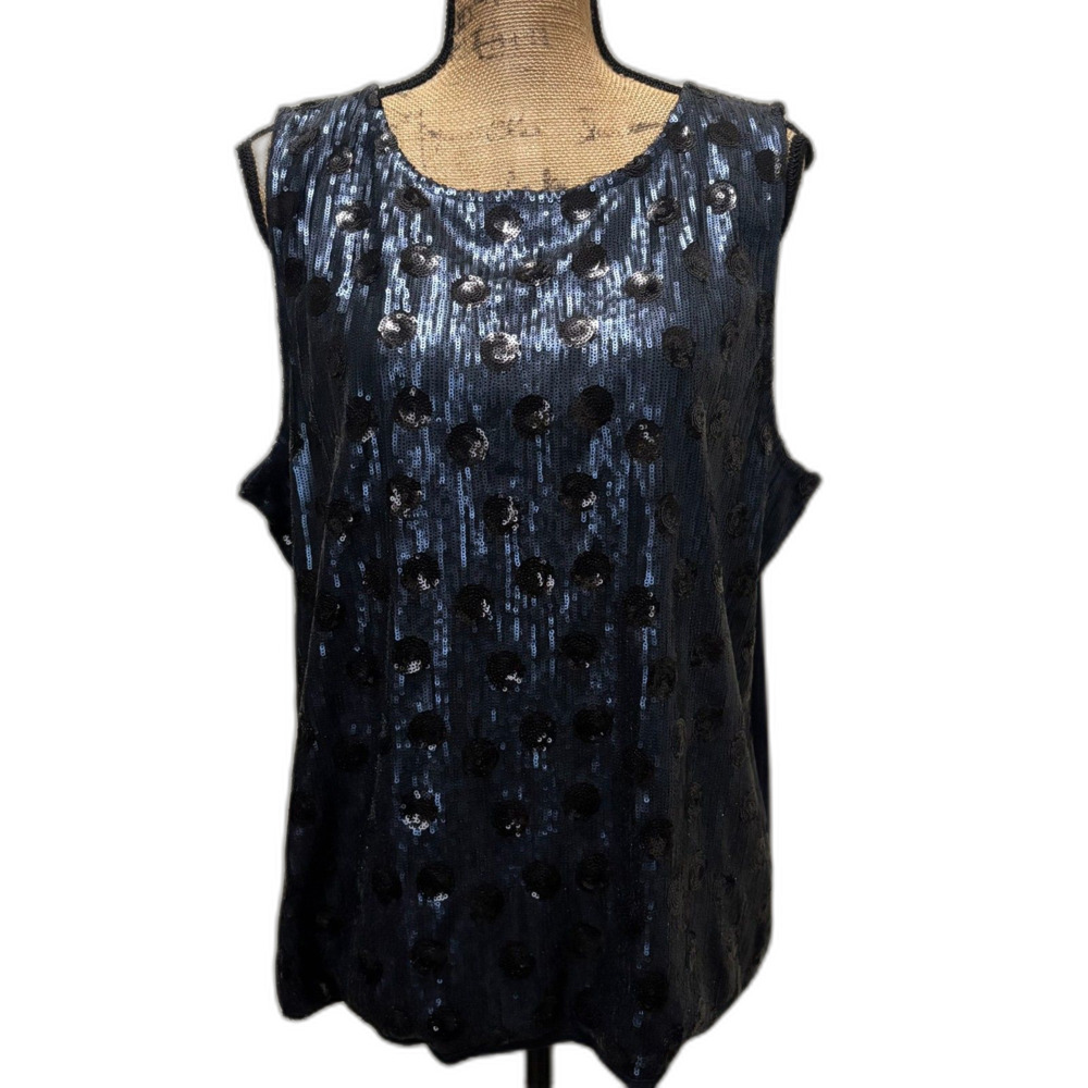 RSVP by Talbots Navy Blue Sequin Polka Dot Sleeveless Blouse Chic Party Size XL - Picture 1 of 5